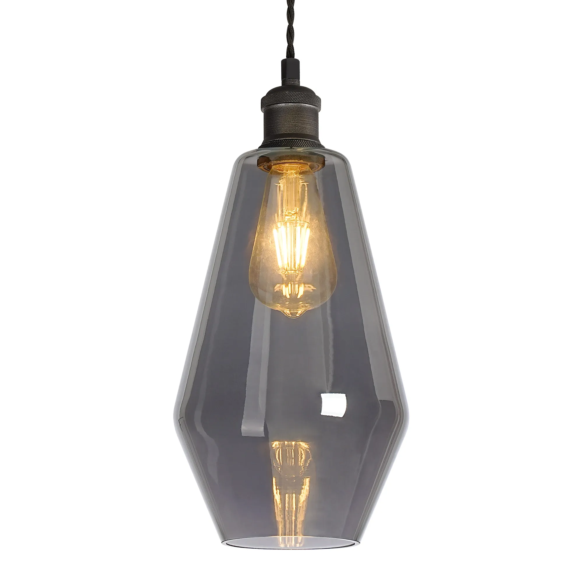 Cawdor Single Pendant, 1 Light E27, Pewter/Dark Grey/Smoke Kite Glass DK1142  Deco Cawdor